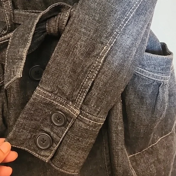 French Cuff Blue Demin Jeans Cotton Belt Pocket Trench Coat Jacket Women's Sz L - Picture 4 of 9